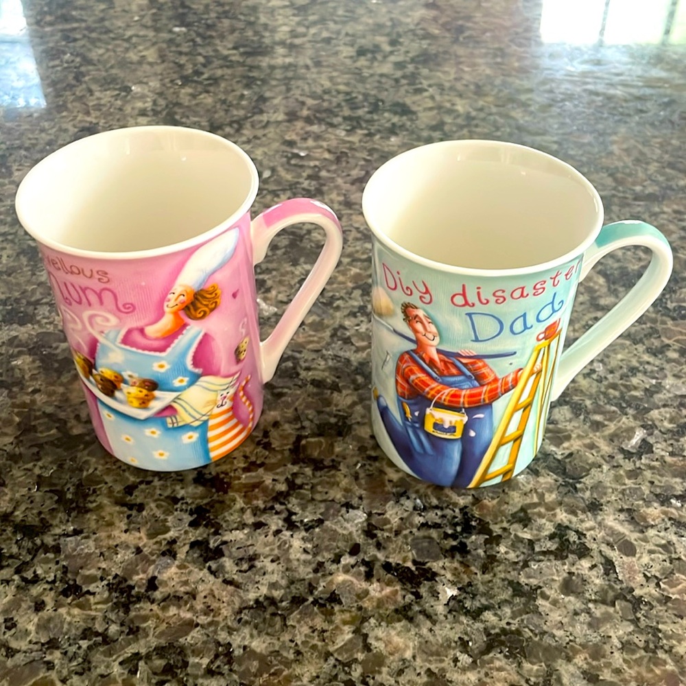 Vintage Set of 2 Mugs Bone China Kent Pottery DIY Disaster  Dad & Marvelous Mum